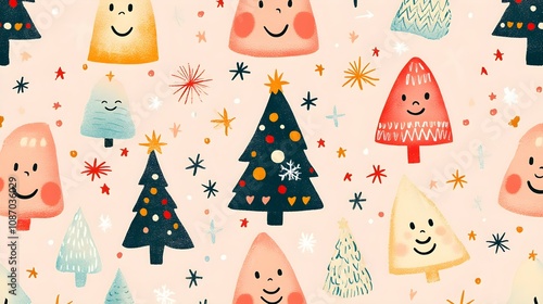 Festive and Fun Christmas Pattern with Cute Smiley Faces, Soft Pink Background, Adorable Christmas Trees, and Bright Stars for a Merry Holiday Celebration