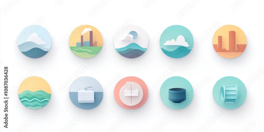 Circular Icons Depicting Industrial and Natural Elements Circular Icons Depicting Industrial and Natural Elements