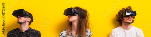 Young adults experience virtual reality with headsets against a vibrant yellow backdrop in a modern setting. Generative AI