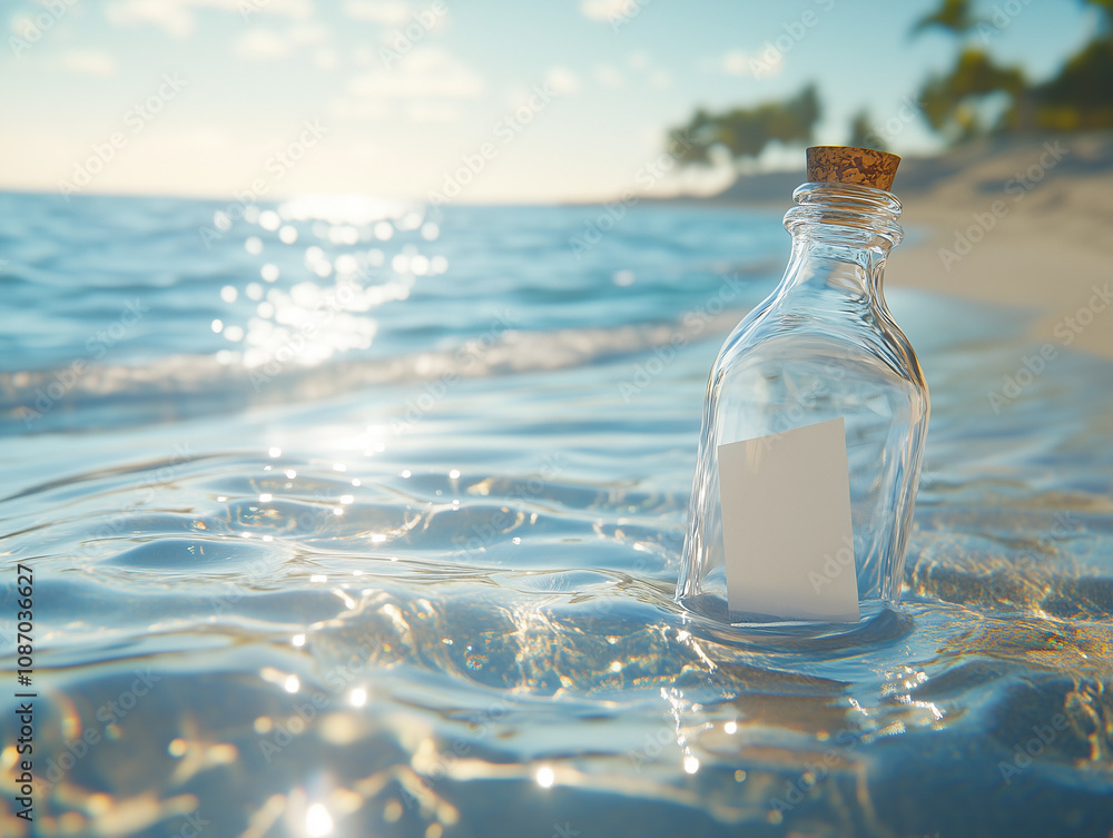 Love Letter in a Glass Bottle on a Sunlit Beach with Sparkling Ocean Waves and Tropical Island Background - Romantic Message in a Bottle Concept