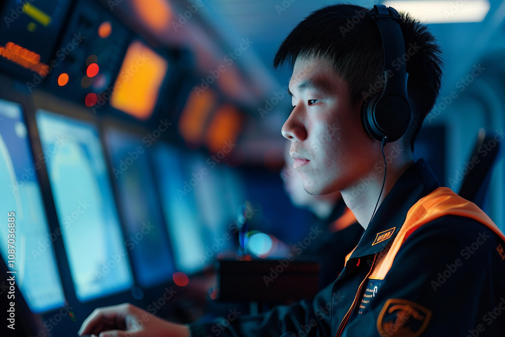 Focused Coast Guard Officer in Action with Communication Equipment on a Patrol Mission – Generative AI Focused Coast Guard Officer in Action with Communication Equipment on a Patrol Mission – Generative AI