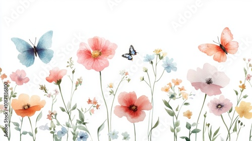 Watercolor meadow flowers and vibrant butterflies, ideal for printed products, party invitations, weddings, wallpapers, textiles, digital scrapbooking, greeting cards