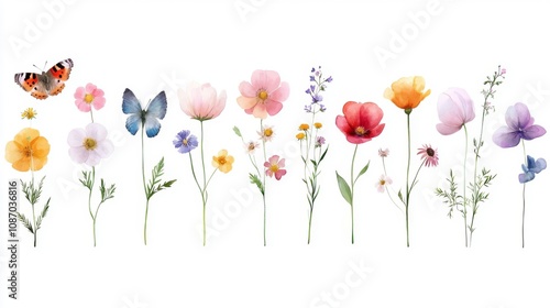 Meadow Blooms and Butterflies, vibrant watercolor illustration featuring delicate flowers and lively butterflies, ideal for invitations, wallpapers, textiles, and greeting cards.