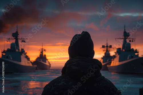 Generative AI Coast Guard Lifeguard Standing in Harbor at Sunset photo