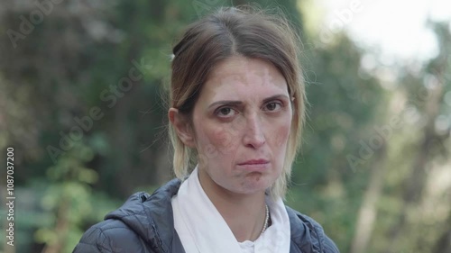 Blonde woman with vitiligo shakes head in dissent