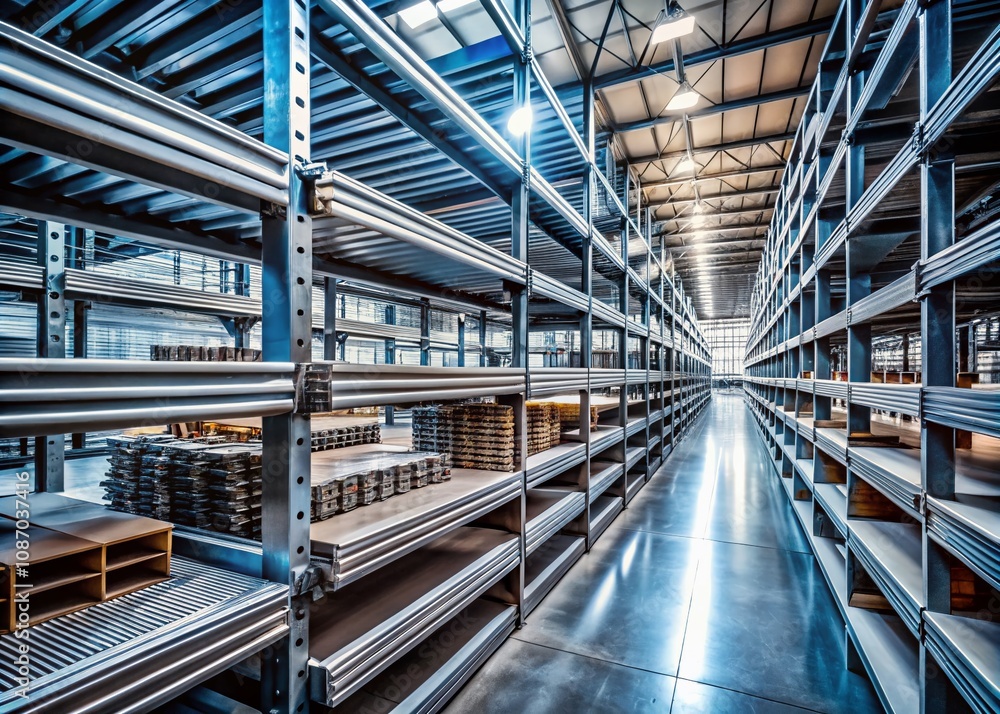 Fototapeta premium High Contrast Monochrome Steel Shelves Displaying Structural Materials in a Warehouse Setting with Depth of Field Emphasizing Industrial Design and Organization