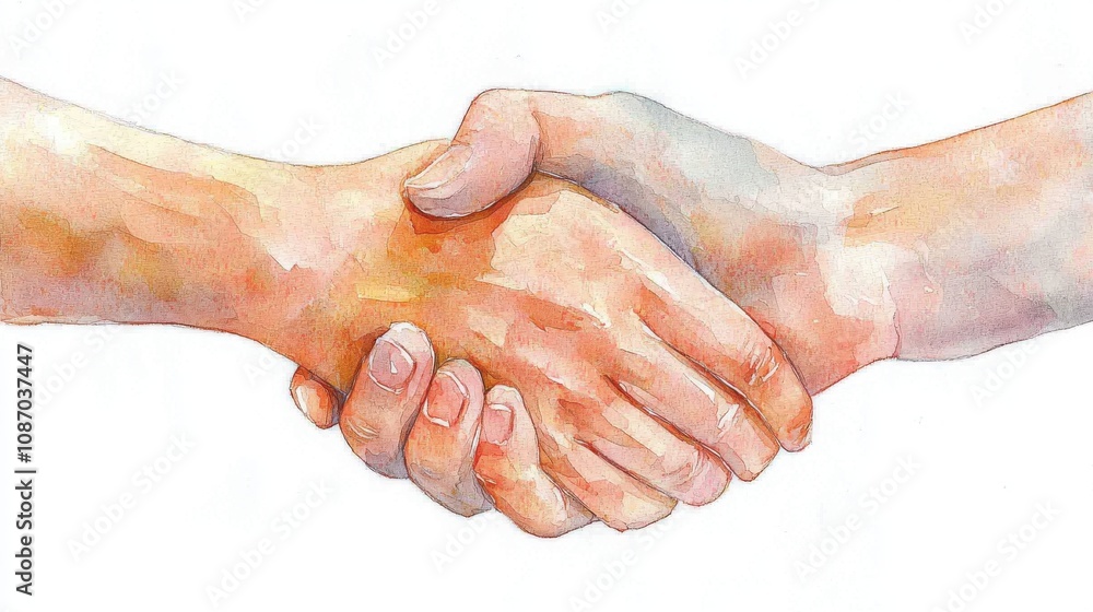 Fototapeta premium A watercolor illustration of two hands shaking, symbolizing agreement, partnership, and collaboration in various sectors.