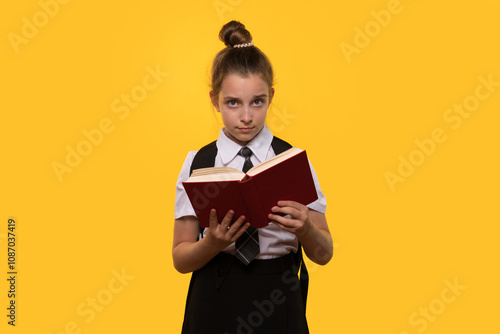 Fotografia Serious schoolgirl holds open book while standing.
