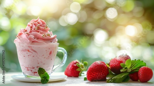 Strawberry ice cream sundae in a glass cup with fresh strawberries. Summer dessert concept.