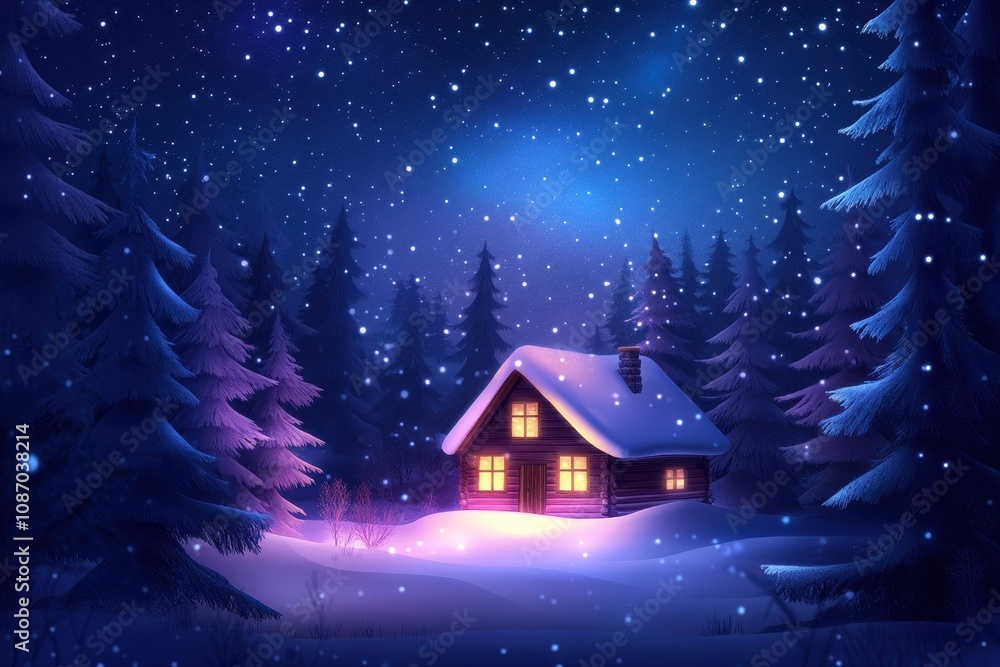 Fototapeta premium Enchanting winter wonderland cabin nestled in a romantic forest clearing, illuminated by a warm, glowing light.