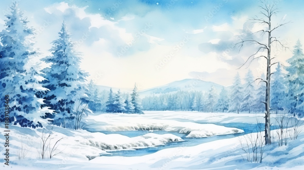 A serene winter landscape featuring snow-covered trees and a tranquil river reflecting the cool blue sky. A serene winter landscape featuring snow-covered trees and a tranquil river reflecting the cool blue sky.