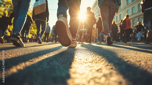 Closeup, shoes and group in street, walking and sunshine with lens flare, cooperation and protest. March, feet and people in city.