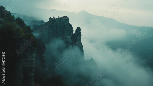 Meteora Monastery Enveloped in Mystical Morning Fog