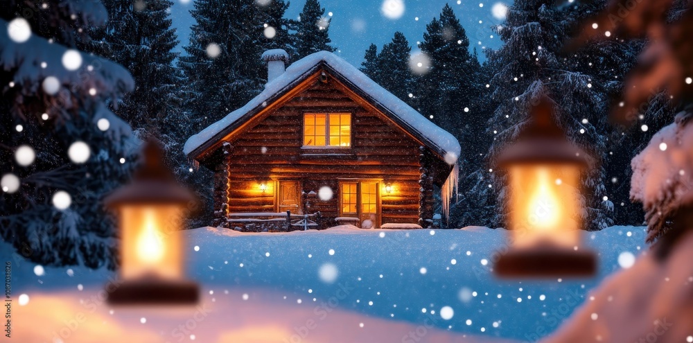 Cozy winter wonderland cabin: a romantic rustic retreat nestled in a snowy landscape. Cozy winter wonderland cabin: a romantic rustic retreat nestled in a snowy landscape.