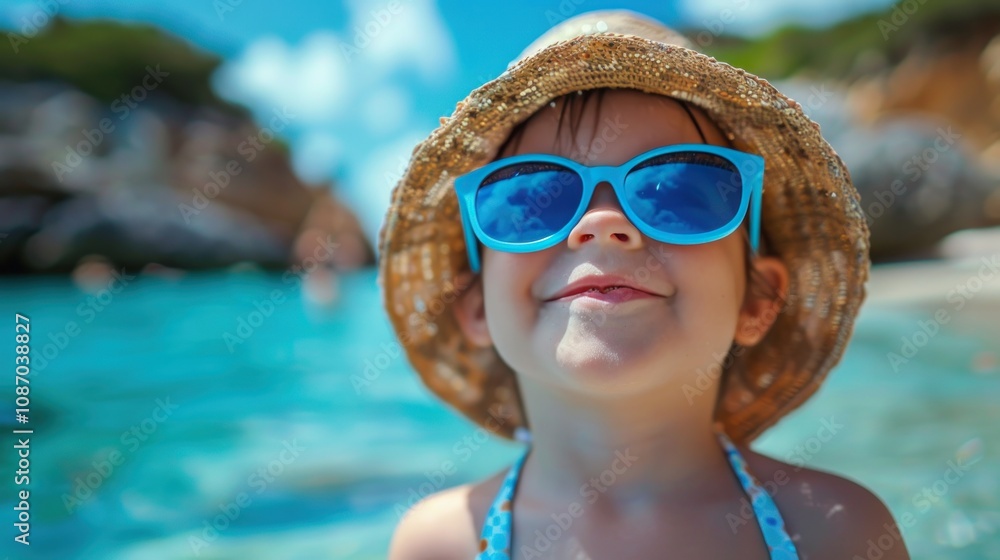 Happy child wearing sunglasses and a straw hat enjoys a sunny day at the swimming pool. Summer vacation and childhood fun concept. Happy child wearing sunglasses and a straw hat enjoys a sunny day at the swimming pool. Summer vacation and childhood fun concept.