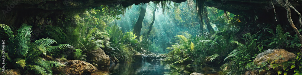 Hidden Grotto Sanctuary: A secretive nook in the forest, where ferns and other shade-loving plants thrive under a lush overhang. Hidden Grotto Sanctuary: A secretive nook in the forest, where ferns and other shade-loving plants thrive under a lush overhang.