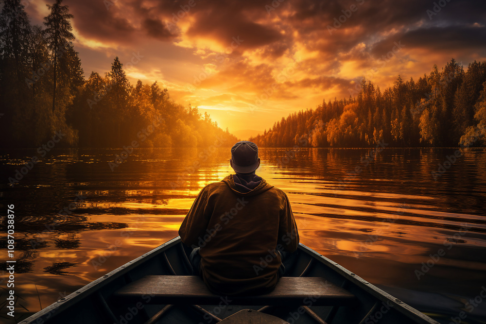 A man sitting in a boat looking at the sunset generative AI illustration A man sitting in a boat looking at the sunset generative AI illustration