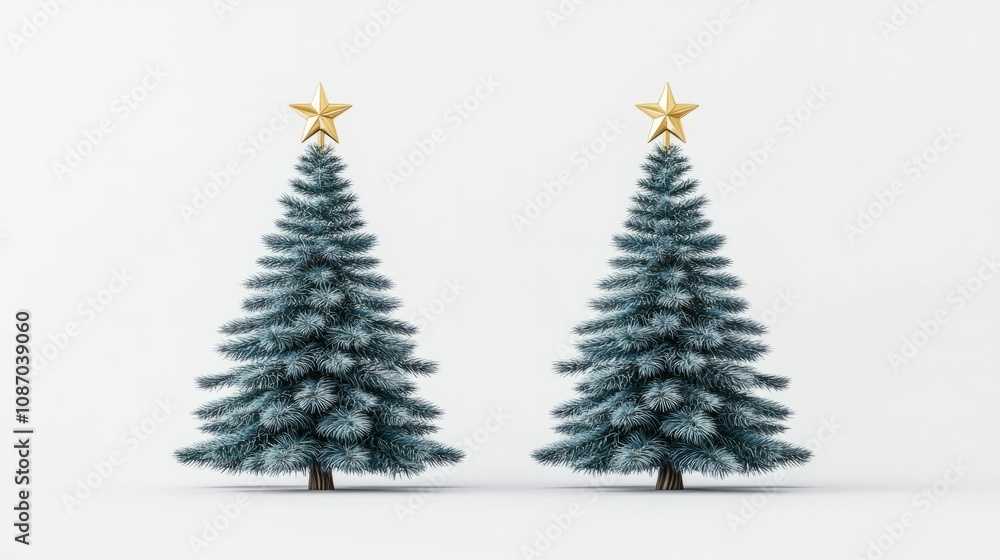 two christmas trees with golden star isolated on white two christmas trees with golden star isolated on white