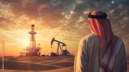 An Arab man inspects oil drilling projects in Saudi Arabia. Oil exploration in Saudi Arabia. Arab professionals inspect Saudi oil fields.