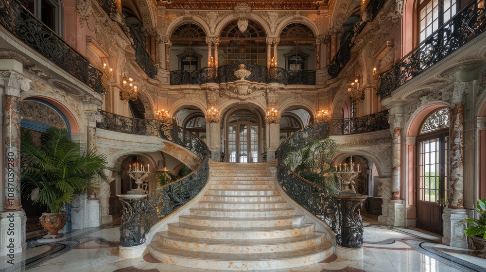 Grand staircase and entryway of a luxurious mansion with ornate details, marble floors, and wrought iron railings. Grand staircase and entryway of a luxurious mansion with ornate details, marble floors, and wrought iron railings.