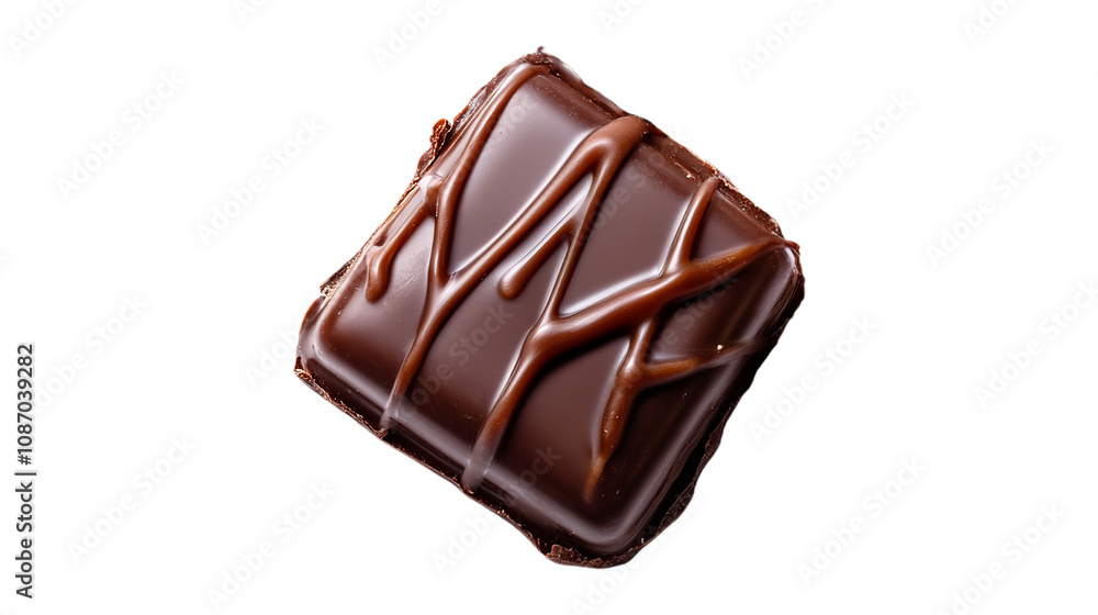 A close-up of a single chocolate square with a rich, dark brown color and a glossy finish. The chocolate is decorated with elegant, drizzled lines.