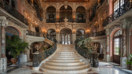 Grand staircase and entryway of a luxurious mansion with ornate details, marble floors, and wrought iron railings.