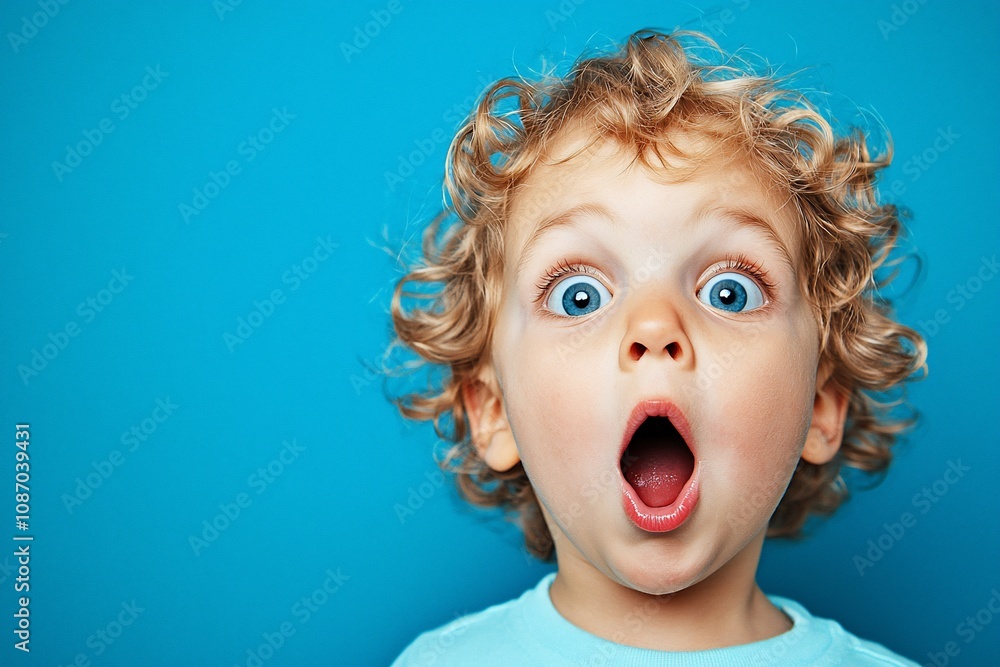 Astonished Child with Curly Hair Against a Bright Blue Background Astonished Child with Curly Hair Against a Bright Blue Background