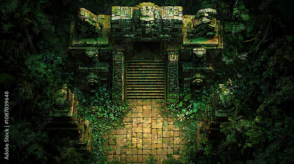 Obraz premium Aerial View of Ancient Mayan Ruins Overgrown by Lush Jungle Foliage. A digitally created image depicting a mystical gateway to an ancient civilization hidden within a dense, vibrant rainforest.
