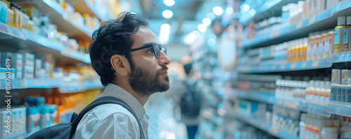 A young man with glasses thoughtfully considers products on shelves in a brightly lit store.