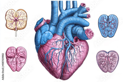 Highly detailed schematic illustrating human heart anatomy showing four chambers major blood vessels valves and color coded pathways oxygenated and deoxygenated blood. photo