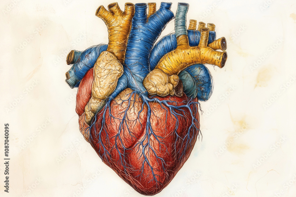 Naklejka premium professional schematic diagram showcases human heart anatomy featuring all four chambers major arteries and veins valves and clear layout ideal medical education and understanding.