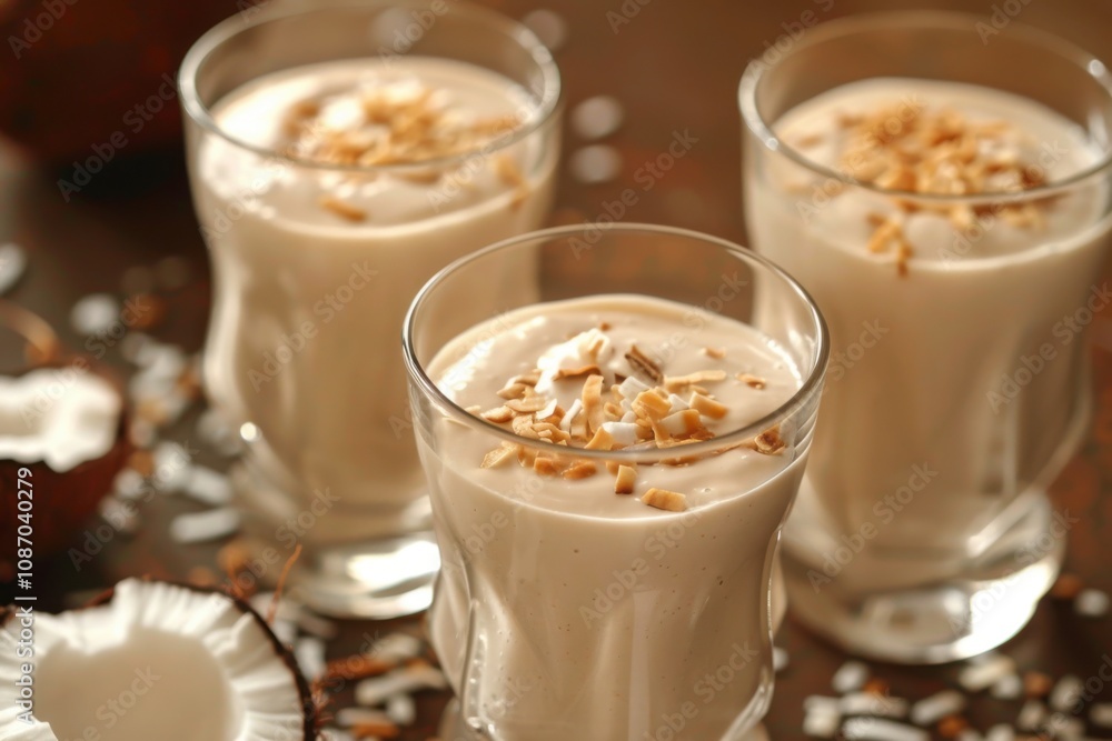 Coconut Smoothie Delight with Toasted Coconut Flakes Blends Smoothly Coconut Smoothie Delight with Toasted Coconut Flakes Blends Smoothly