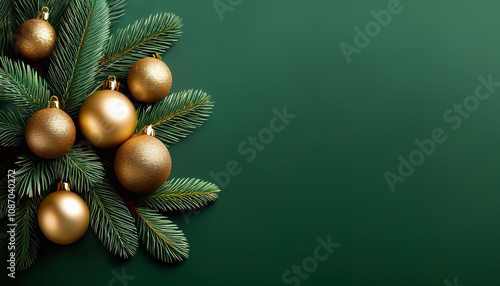 Zielone świąteczne tło bożonarodzeniowe. Stroik świąteczny. Złote bombki choinkowe, ilustracja. Puste miejsce na tekst