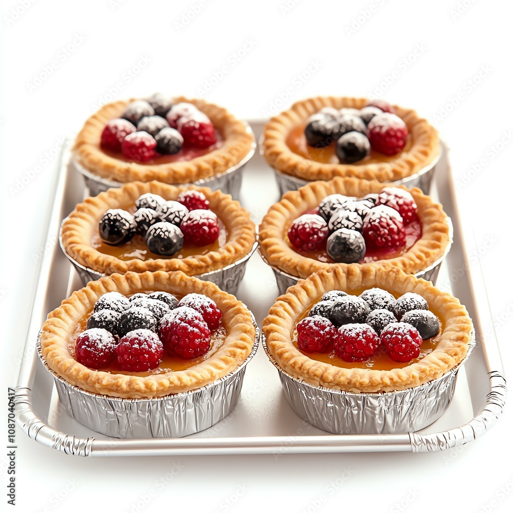 Delicious berry tarts arranged on a silver tray. Delicious berry tarts arranged on a silver tray.