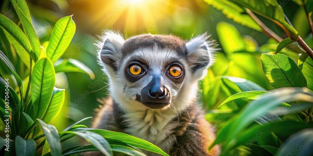 Curious Lemur Peeking Through Lush Green Leaves in a Vibrant Natural Setting - Wildlife Exploration, Nature Photography, Animal Behavior, Jungle Adventure, Exotic Animals Curious Lemur Peeking Through Lush Green Leaves in a Vibrant Natural Setting - Wildlife Exploration, Nature Photography, Animal Behavior, Jungle Adventure, Exotic Animals