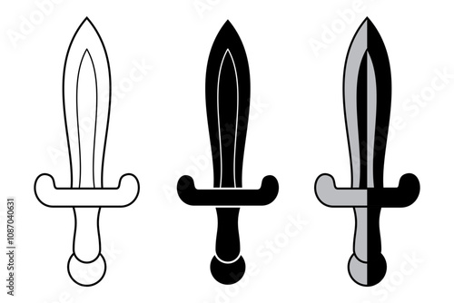 Vector silhouettes, icons and flat design line art of Arabian swords, pirates, knights, warriors, soldiers and executioners isolated on white background. Large sword collection set