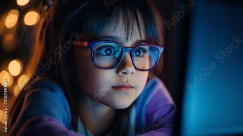 Young Girl with Glasses Looking at a Screen in a Cozy Setting