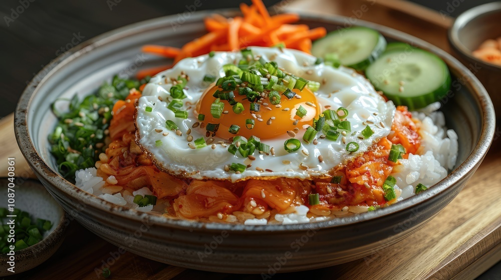 Kimchi fried rice bowl with a fried egg, cucumber, and carrot. Kimchi fried rice bowl with a fried egg, cucumber, and carrot.