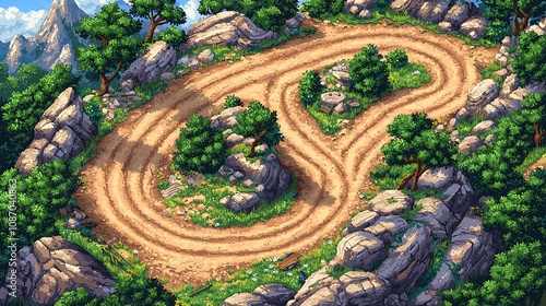 Aerial View of a Winding Mountain Road, Game Asset -  A digitally painted illustration of a serpentine path weaving through rocky terrain and lush green vegetation. photo