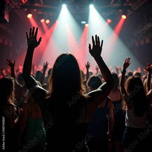 night club, crowd of men and women are dancing, hands up