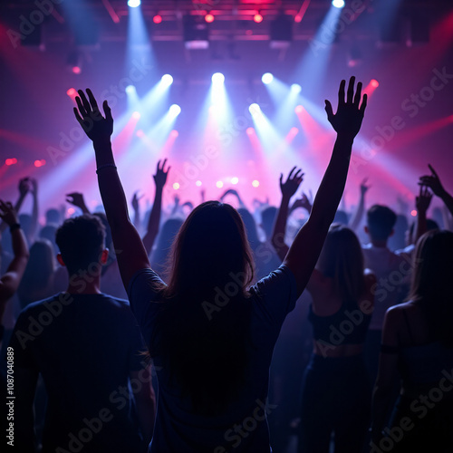 night club, crowd of men and women are dancing, hands up