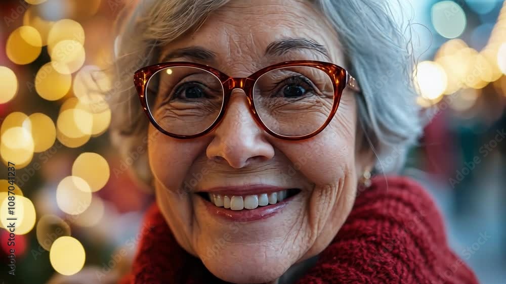 A senior woman taking a selfie during a holiday celebration, with festive decorations in the background and a cheerful smile. A senior woman taking a selfie during a holiday celebration, with festive decorations in the background and a cheerful smile.