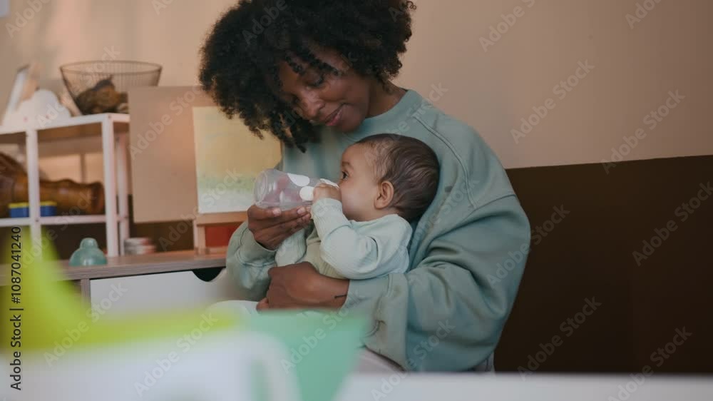 Happy young African American woman with newborn infant on her knees sitting by table in home environment, taking bottle with water and giving adorable baby son to drink Happy young African American woman with newborn infant on her knees sitting by table in home environment, taking bottle with water and giving adorable baby son to drink