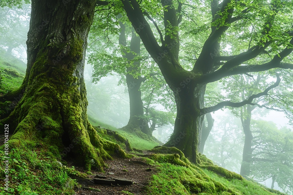 Fototapeta premium Misty Forest Pathway: A Serene Journey Through Lush Green Trees