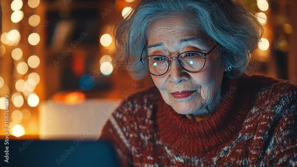 A senior woman writing a heartfelt post on social media about her life experiences, the glow of her laptop screen reflecting her thoughtful expression. A senior woman writing a heartfelt post on social media about her life experiences, the glow of her laptop screen reflecting her thoughtful expression.