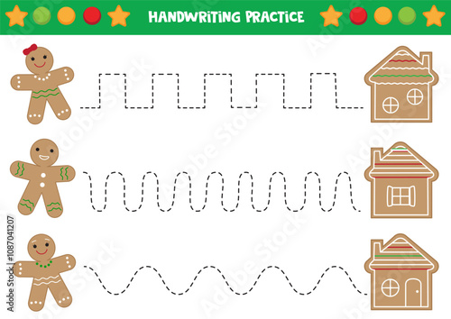 Tracing lines for kids. Cute cartoon gingerbread men and houses. Handwriting practice for children.