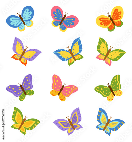 Medium set of flying colorful butterflies. Collection of butterflies for design.