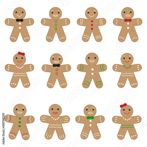 Big set of cute Christmas gingerbread people. Collection of cute cartoon gingerbread cookies for design.