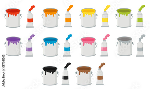 Vector illustration of cartoon paint cans and paint tubes.