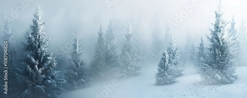 Winter Woodland with Snow covered Trees in a Pale Fog. Seasonal Banner.